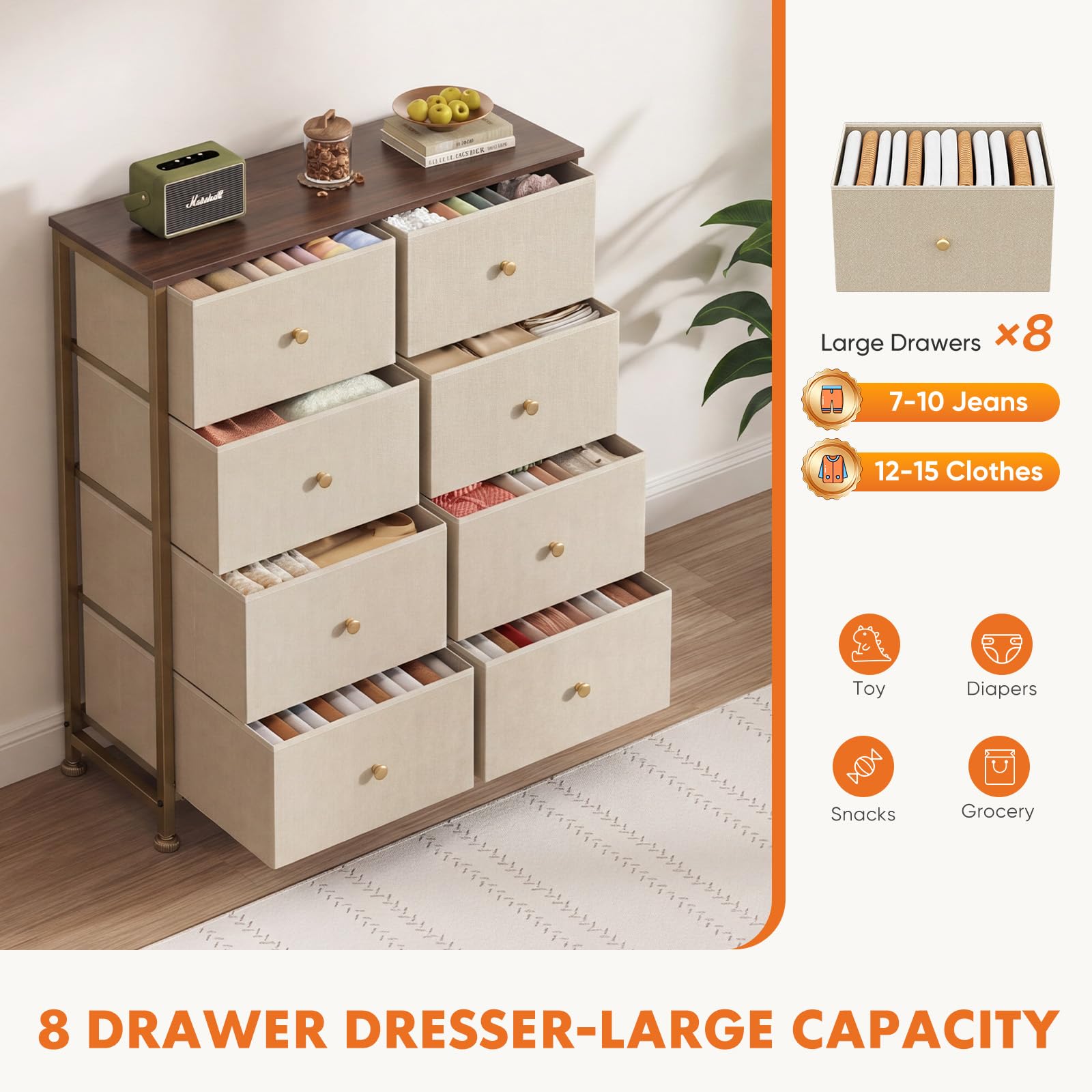 Sweetcrispy 8 Drawer Fabric Dresser, Tall Storage Tower for Bedroom, Khaki