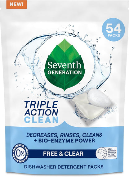 Seventh Generation Triple Action Clean Automatic Dishwasher Detergent Packs with Bio-Enzyme Power, Free & Clear, Fights 48-hour Stuck-on Food, 54 count