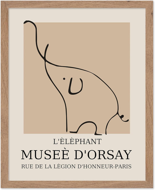 Poster Master Vintage Poster - Retro Minimalist Print - Gift for Artist, Housewarming - Elephant, Line Drawing, Sketch, Abstract - Wall Decor for Living Room, Bedroom, 11x14 Beige Framed