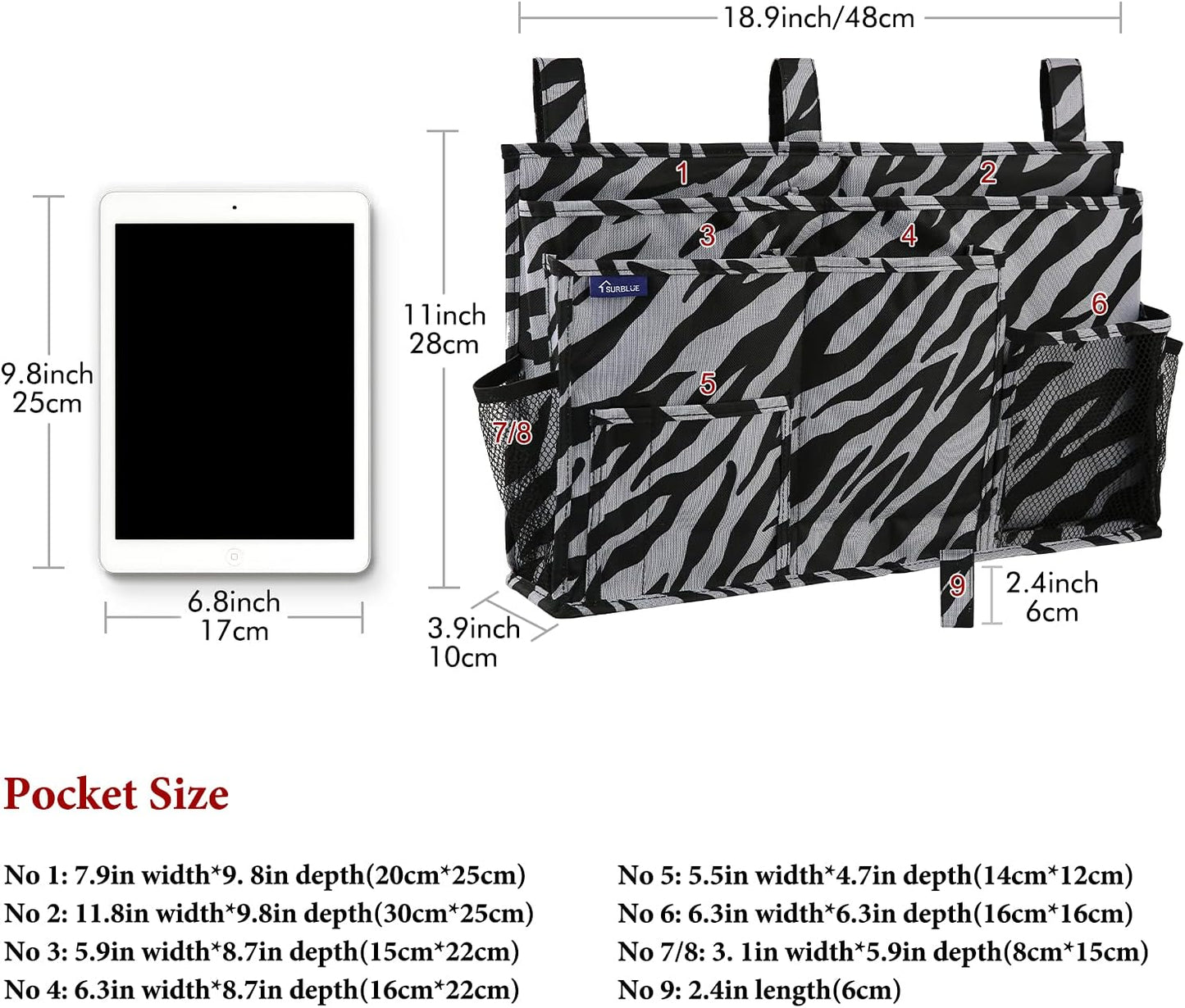 Surblue Bedside Caddy Hanging Organizer Storage Bag Pocket for Bunk, Hospital, College Dorm Rooms, Baby Bed Rails, Camp - 8 Pockets (Large, Zebra)