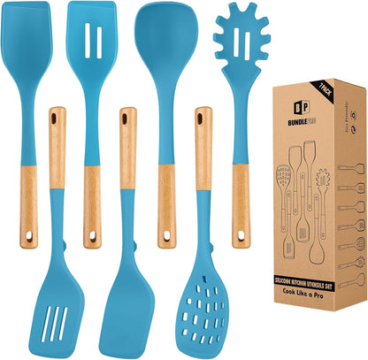 Silicone Kitchen Utensil Set for Non Stick Cookware, 7 Pcs Heat Resistant Cooking Utensils with Wooden Handle, BPA Free Kitchen Tools with Spatulas, Spoons, Skimmer and Pasta Fork (BLUE)