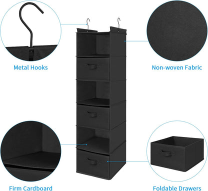 MAX Houser 6 Tier Shelf Hanging Closet Organizer, Closet Hanging Shelf with 2 Sturdy Hooks for Storage, Foldable (Black-D3)