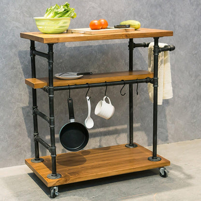 Industrial Portable Kitchen Island on Wheels,Bar Carts for the Home Wine Bar Beverage Coffee Cart,Metal Rolling kitchen carts and islands,Wood and Pipe 3-Tier Butcher Block Island Food Serving Cart