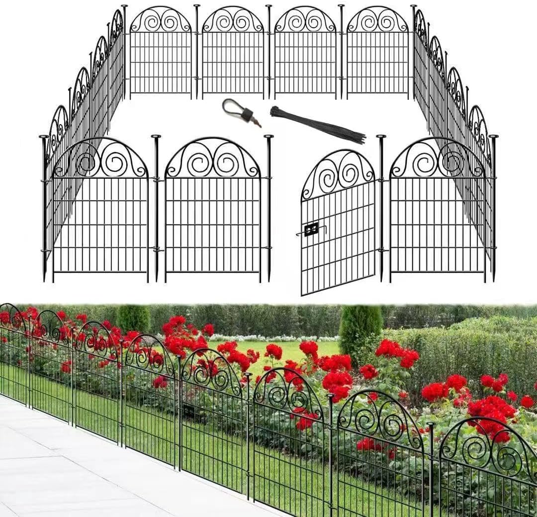 Tall Garden Fence with Gate, 32 Inch(H) 24 Panels Total Length 52.5 Ft Dog Fence Outdoor, Decorative Fence for Garden,Metal Temporary Fencing│Patented