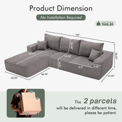 Boneless Sectional Cloud Couch Sofa for Living Room, 112" L-Shaped Modular Modern Lounge Sleeper Grey Couches with Chaise, No Assemble, Cordury Compression Upholstered Sofas