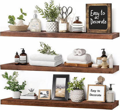 Floating Wall Shelves 3-Pack - 24-Inch Rustic Brown Wooden Shelves for Storage and Décor, Easy Installation for Living Room, Bedroom, and Kitchen