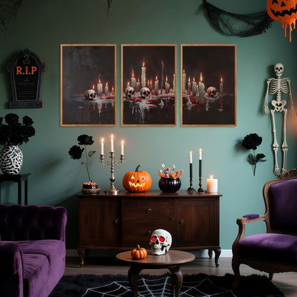 Aurlan Gothic Bloody Skull and Candles Framed Wall Art(16"x24"), 3PCS Horror Dark Academia Halloween Skeleton Canvas Artwork, Modern Goth Spooky Creepy Ghost Decor for Home Office Bedroom