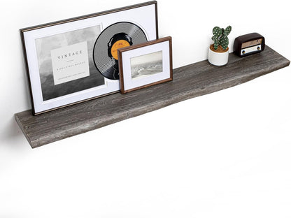 Floating Shelves for Wall, 55"x9.3" Rustic Solid Live-Edge Elm Wood Wall Shelves, Heavy-Duty Floating Shelves with Invisible Brackets, Set of 2 for Living Room, Bedroom, and Kitchen, Grey Finish