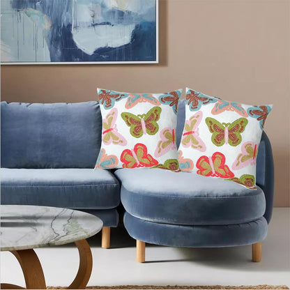 Embroidered Decorative Throw Pillow Cover, 18"x18" Set of 2, Farmhouse Pillowcase Colorful Butterfly Knit Pattern Cotton Canvas Cushion Case Square Floral Pillow Case for Sofa Couch Bed Living Room