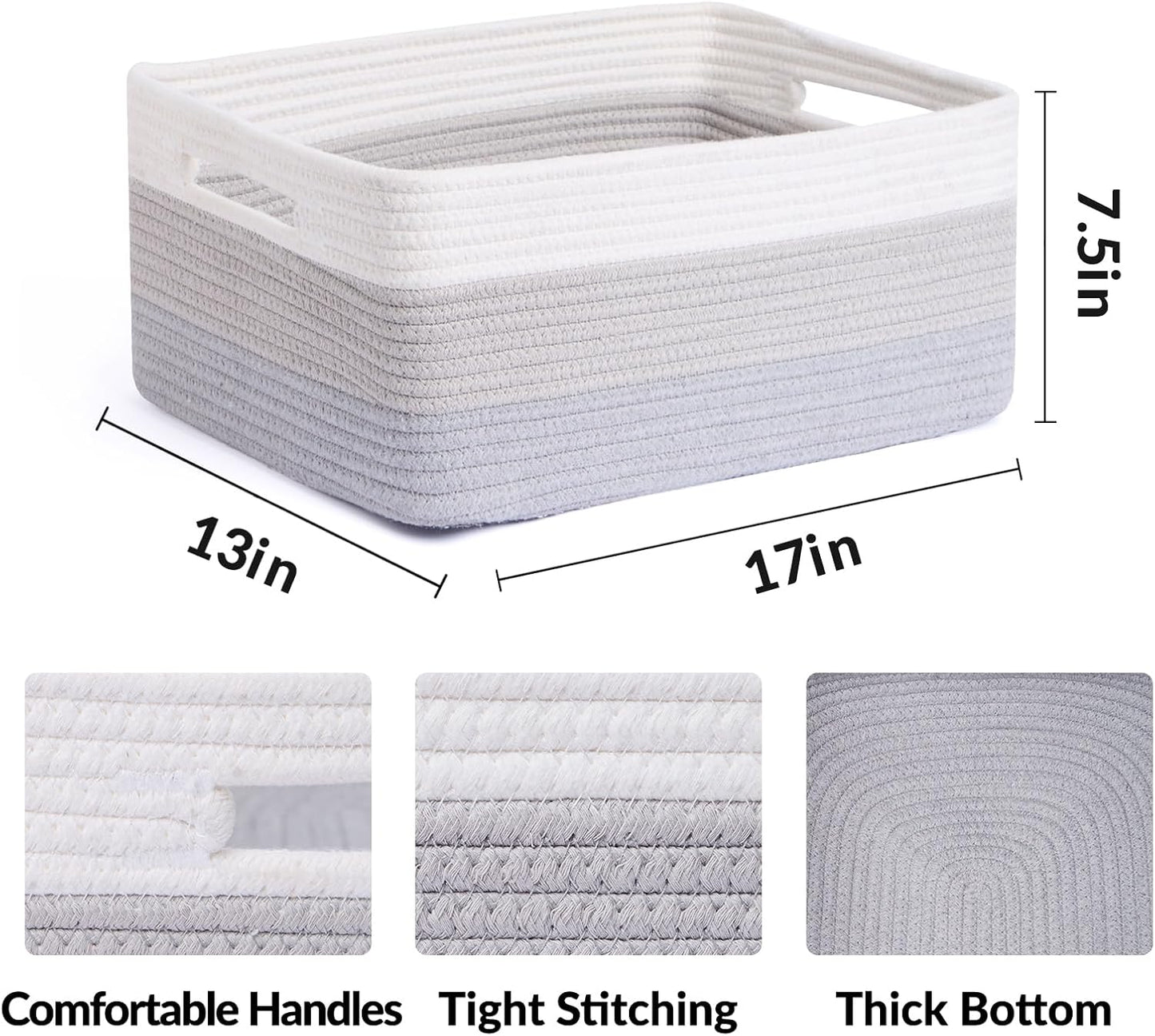 Large Storage Baskets for Shelves, Closet Organizers Bins for Clothes Blanket Towels, Baby Nursery, Toy Baskets Box, Woven Rope Baskets, 17 x 13 x 7.5”, 2 Packs Gradient Grey