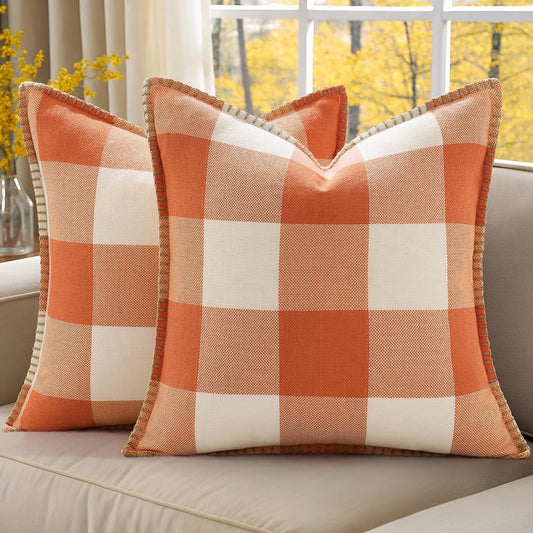 decorUhome Fall Orange and White Decorative Throw Pillow Covers 18x18 Set of 2, Buffalo Plaid Check Farmhouse Cushion Covers with Stitched Edge for Autumn Harvest Couch Sofa Bed Home Decor
