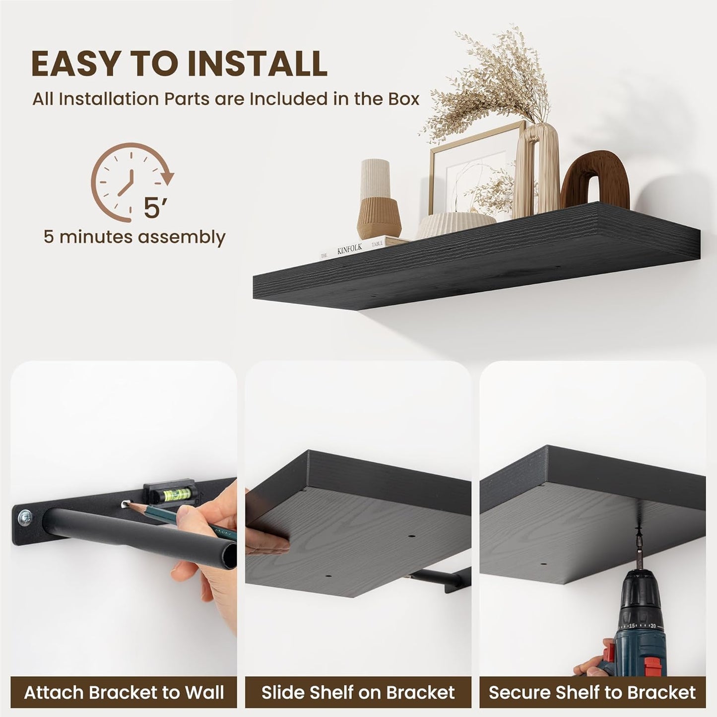 Fun Memories 10 Inch Deep Shelves, Floating Shelves for Wall 48 Inches Long, Wood Floating Shelves for Wall, Large Storage Shelves Wall Mount for Living Room Bedroom, Black, Set of 1