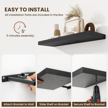 Fun Memories 24 Inch Floating Shelves Wall Mounted, 10 Inch Deep Wall Shelves, 24 x 10 Floating Shelf for Living Room Bathroom Bedroom, Black, Set of 2