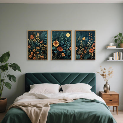 Celestdeco Vintage Dark Botanical Framed Canvas Wall Art Set, Colorful Floral Wall Decor, Nature Wildflower Wall Painting, Colorful Blossom Art Prints for Living Room, Bedroom, Office - 24"X36"X3