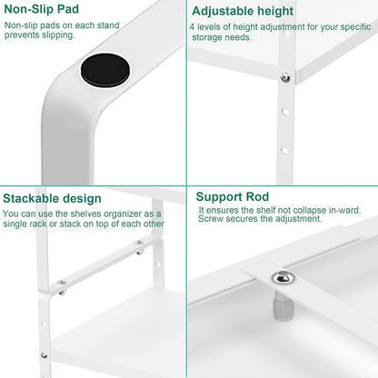 iPEGTOP Expandable Cabinet Storage Shelf Organizer Rack, Heavy Duty Cupboard Stand Spice Rack Adjustable Height Garage Pantry Shelf Space Riser for Counter Kitchen Organization, White, 2 Pack