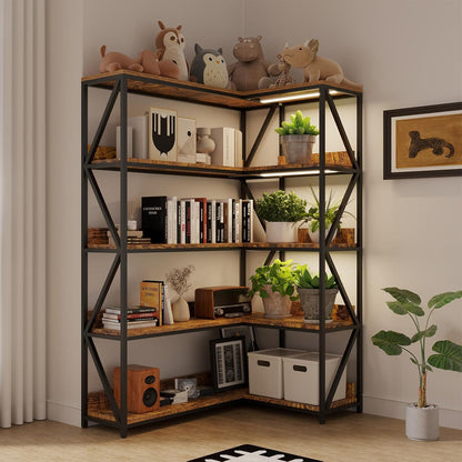 Large Farmhouse Style 5 Tiers Corner Bookshelf with Grow Light, Extra Wide Plant Stand & Bookcase for Home Office 、Craft Space、Living Room, Rustic Wooden Corner Shelf for Indoor Plants