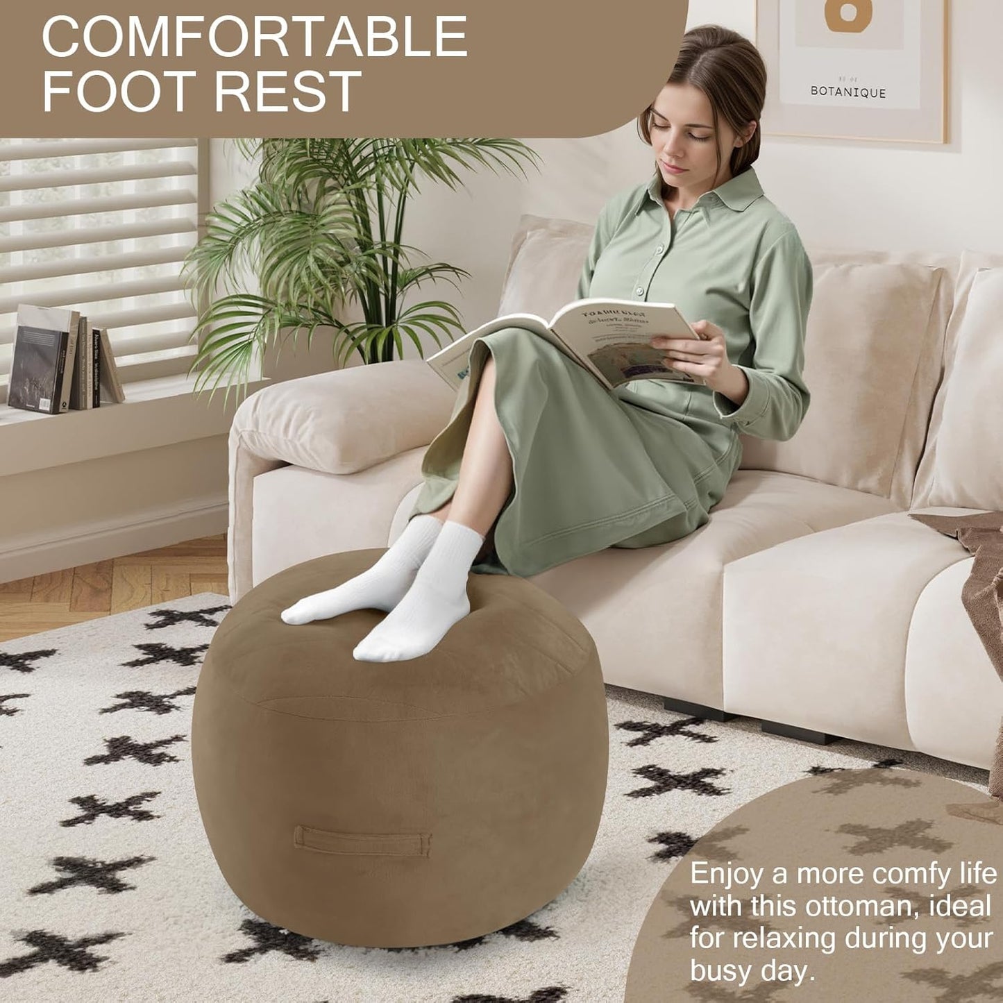 MeMoreCool Round Stuffed Pouf Ottoman Foot Rest, Floor Pouf Foot Stool with Soft Foam Chunk Filling, Small Round Ottoman Footstool Circle Footrest for Living Room, Light Coffee