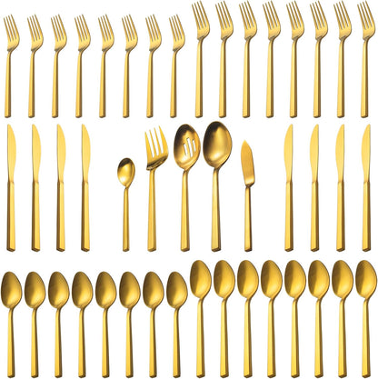 Alata Cube Gold 45-Piece Flatware Set, Forged Cutlery Set, Matte Gold Silverware Service for 8, Stainless Steel Tableware with Square Handle for Home/Restaurant, Dishwasher Safe