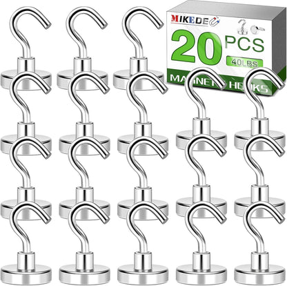 MIKEDE Magnetic Hooks Heavy Duty, 40lbs Earth Magnets with Hooks for Refrigerator, Strong Magnets with Rust Proof Metal Hooks for Cruise Cabins, Classroom, Outdoor - Pack of 20