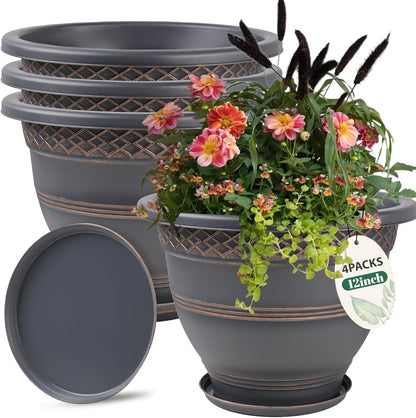 4 Pack 12 Inch Large Plant Pots, Plastic Flower Pot for Indoor & Outdoor with Drainage Holes & Saucer, Plaid Pattern Planters Garden Pots for Herbs Bronze