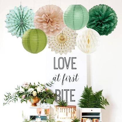 Olive-Sage Green Champagne-Gold Party-Decorations Lanterns - 14pcs Rustic Wedding Paper Fan Streamers,Tissue Pom Poms Honeycomb,Boho Bachelorette Neutral Baby Shower Birthday Bridal Decor Ouruola