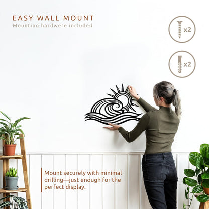 Wita Home Ocean Wave Metal Wall Art, Sun Beach Decor, Coastal Large Wall Sculpture for Home, Indoor/Outdoor Use, Nautical Wall Hanging, Eye-Catching Addition to Living Room (Black, 24 x 14 inches)