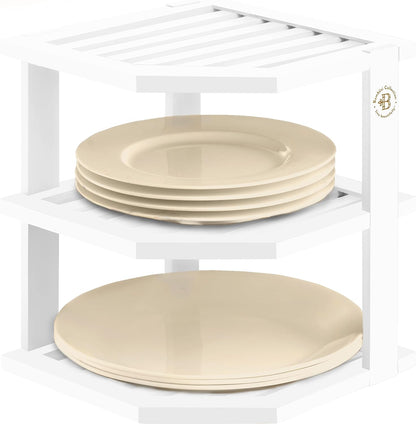 Cabinet Organizer Shelf - Bamboo Corner Rack for Kitchen Counter, Cabinet Space Saver for Plates, Dishes, Bowls, Bread Pantry, Bathroom Storage or Countertop Stand, White