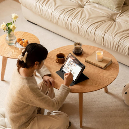 100% Solid Oak Wood Mini Coffee Table, Round Side Table w/Solid Wood Legs, Walnut Mid Century Coffee Table w/Sturdy Frame for Bedroom Balcony Living Room (29.53" D x 17.72" H)