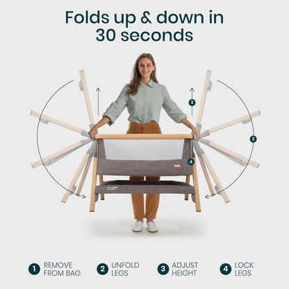 CoZee® 2-in-1 Baby Bassinet & Bedside Sleeper - Fast-Folding Bedside Bassinet, Baby Crib with 6 Mattress Heights & Breathable Mesh Window, Mattress Included, 0-6 Months (Oak & Charcoal)