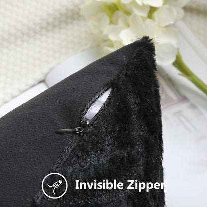 decorUhome Fall Throw Pillow Covers 16x16 Inch Set of 2, Soft Plush Decorative Faux Fur Black Solid Couch Pillow Covers, Accent Farmhouse Neutral Square Euro Pillow Cases for Sofa Bed Living Room