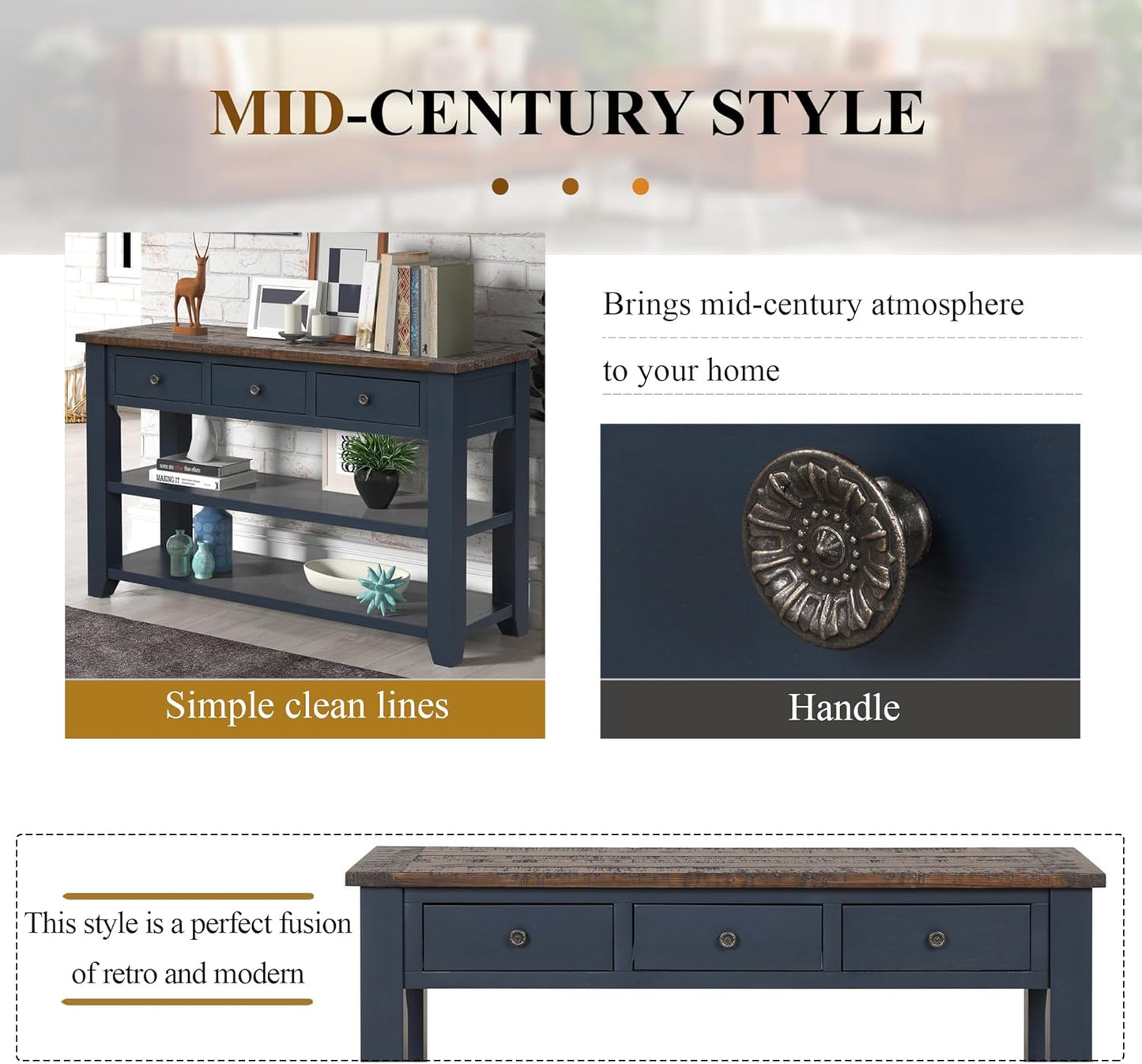 Solid Wood Console Table Sofa Table with Storage Drawers and Bottom Shelf Entryway Table for Entry Hallway Foyer Sofa Couch Table Fully Assembled (48.8" Blue)