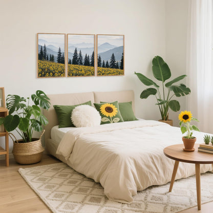 HPINUB Boho Sunflowers Landscape Framed Canvas Wall Art Set,Nature Pine Tree Wall Decor,Abstract Flowers Artwork Rustic Mountain Misty Forest Art Print for Living Room,Bedroom,Office-16 x24 x3