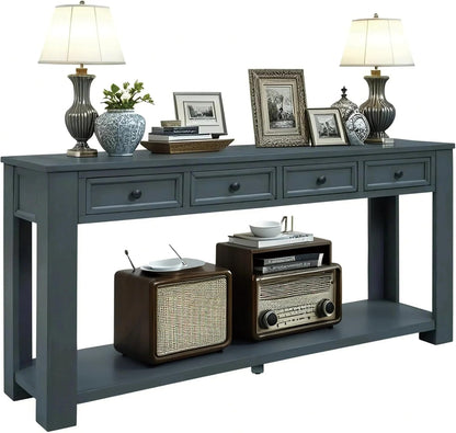 Solid Wood Console Table, Long Sofa Table Entryway Table with 4 Drawers and Bottom Shelf for Hallway Living Room Couch Table,Fully Assembled (63" Navy)