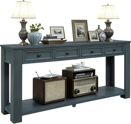 Solid Wood Console Table, Long Sofa Table Entryway Table with 4 Drawers and Bottom Shelf for