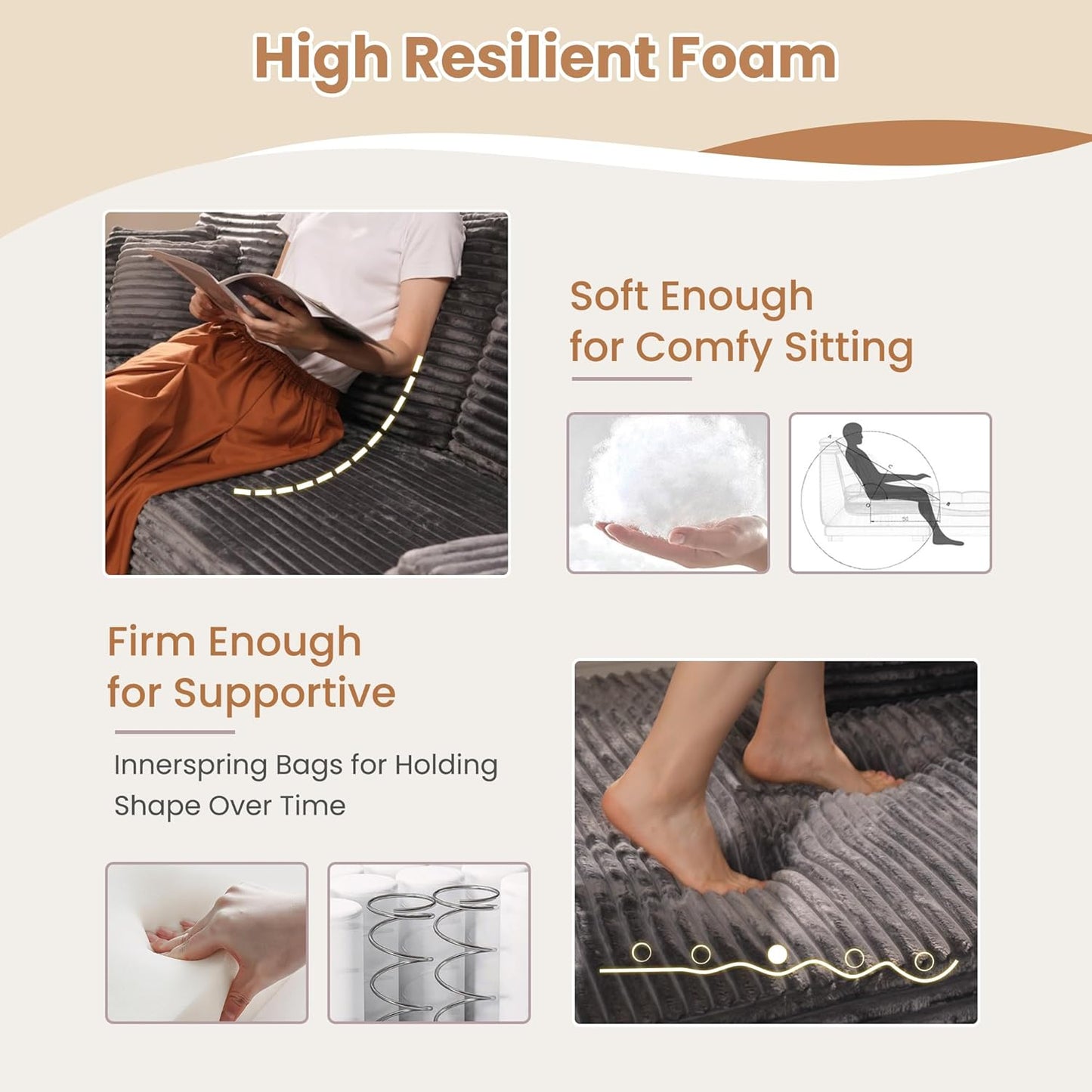 HOOOWOOO Cloud Sectional Couches for Living Room,Modular Sectional Sofa No Assembly,133X70 Inch Plush Corduroy Large U Shaped Floor Couch Set with Deep Seat Chaise Lounge(Gray)