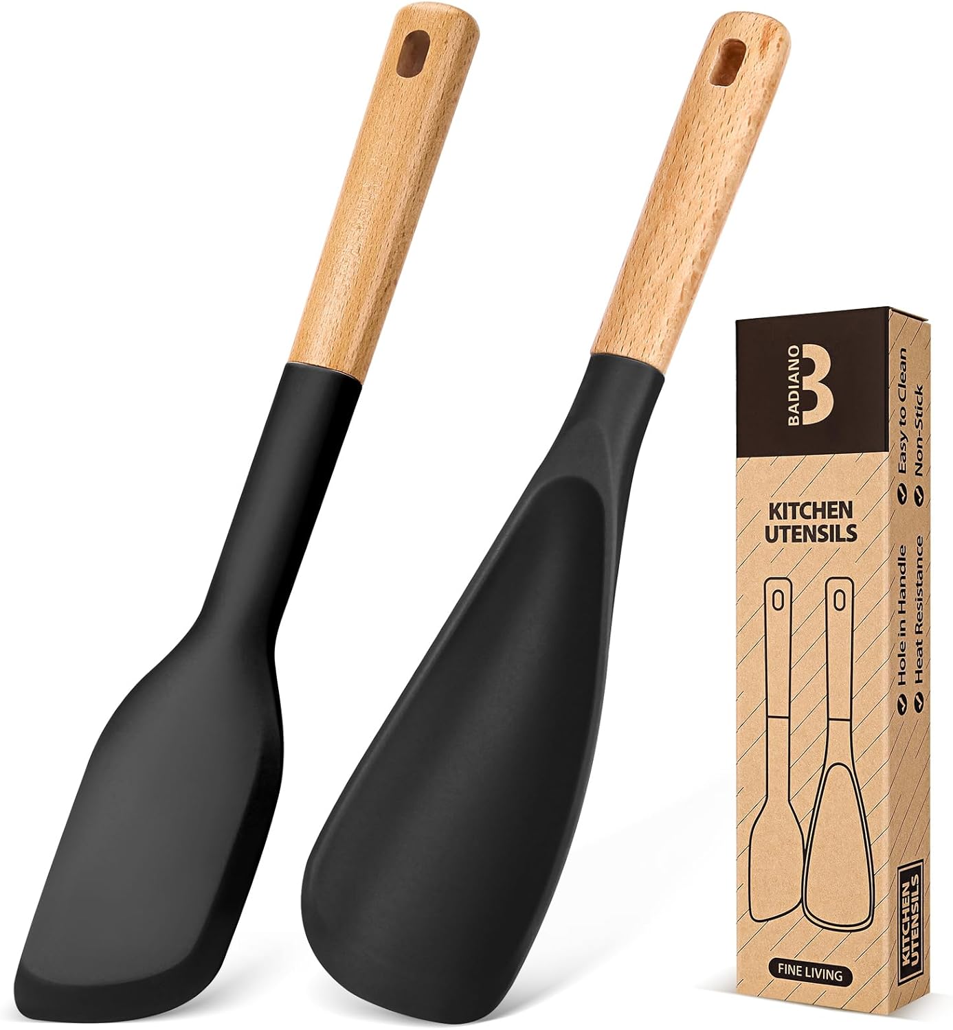 Cooking Spoon and Scraper for Nonstick Cookwares, Great for Cooking and Serving Durable BPA-Free Matte Silicone, Wood Handle Multifunction Spoon for Mixing, Scoop, and Scrape (BLACK)