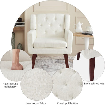 Accent Chair Button-Tufted Upholstered Living Room Chairs Comfy Reading Chair Mid Century Modern Chair with Linen Fabric Lounge Arm Chairs for Living Room Bedroom (Beige Set of 2)