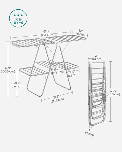 SONGMICS Clothes Drying Rack, Foldable 2-Level Laundry Drying Rack, Free-Standing Laundry Airer, with Height-Adjustable Wings, 33 Drying Rails, Sock Clips, Silver and White ULLR053W01V1