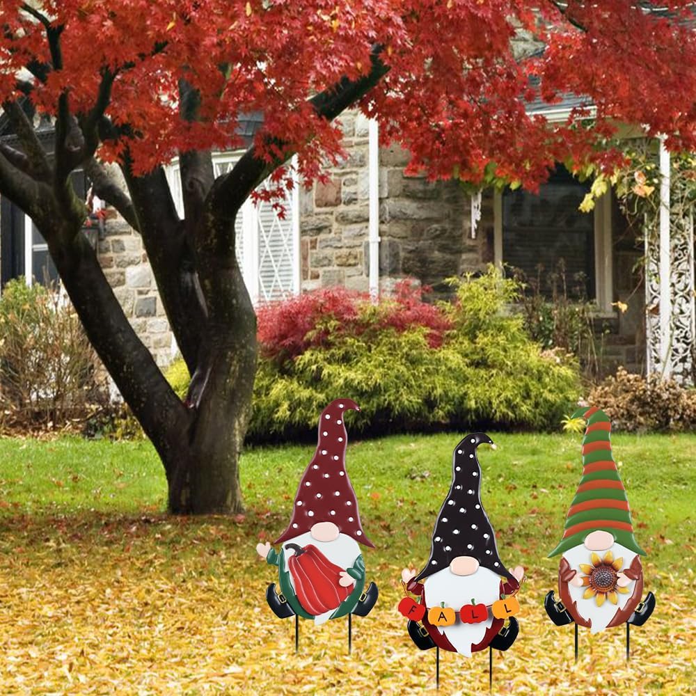 YEAHOME Fall Decorations for Home Outdoor, 3 Pack Gnomes Decorative Garden Stakes for Fall Decor, Autumn Metal Yard Signs for Outside Garden Lawn Porch Thanksgiving Decorations