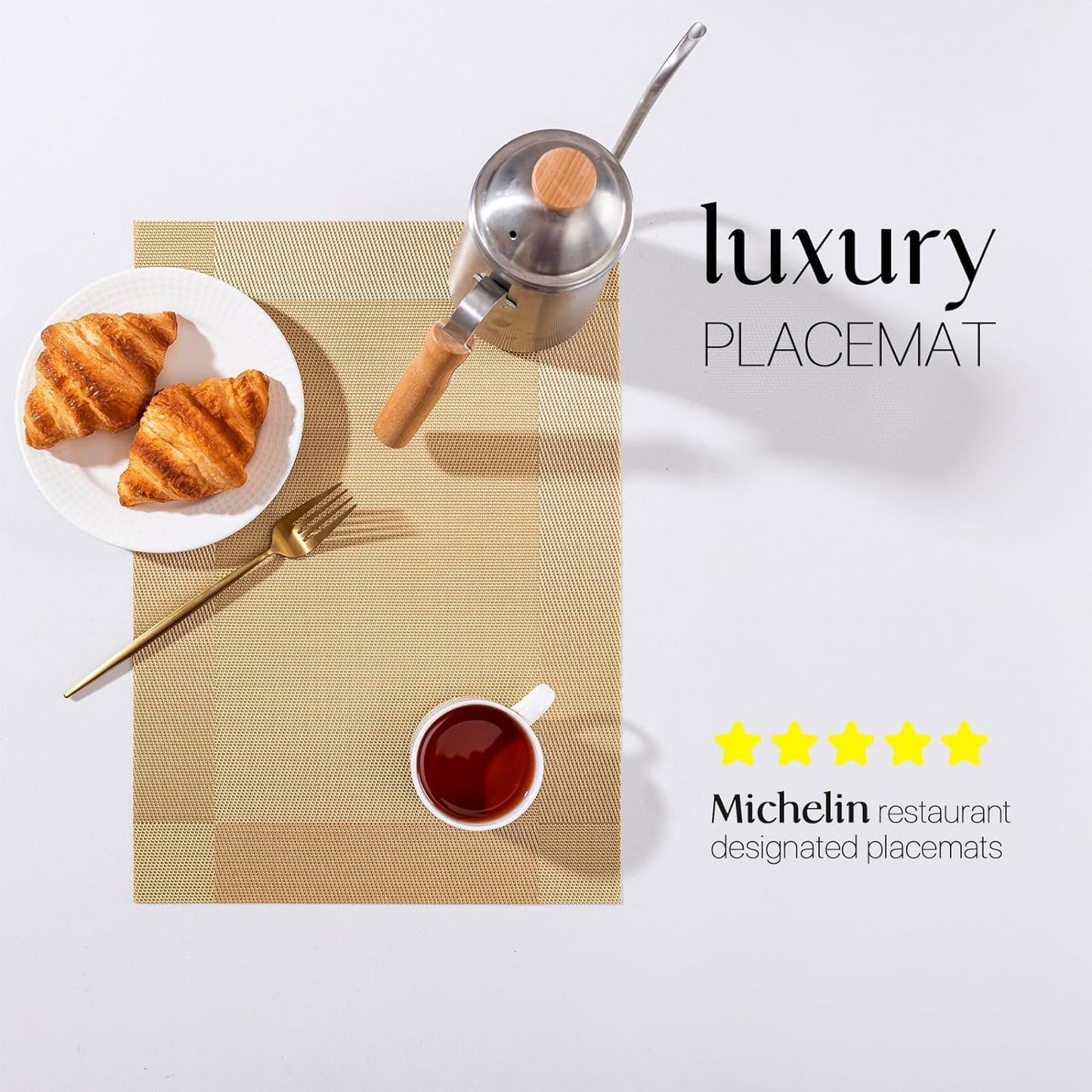 LEXMORE PlaceMats Set of 12 Vinyl/Plastic Woven Place Mats for Kitchen Table Indoor/Outdoor Washable PlaceMat Wipeable Dining Table Mats(Gold Cube)