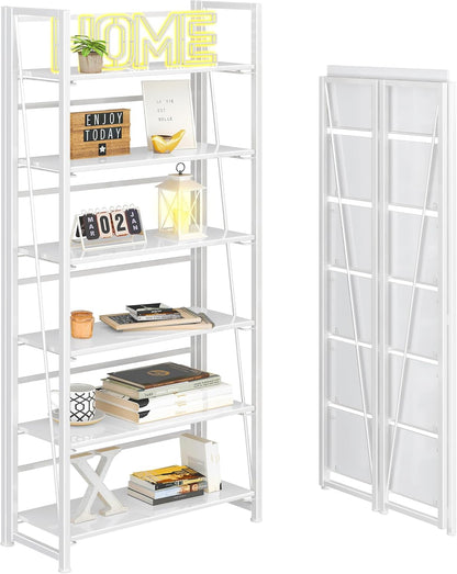4NM No Assembly Foldable Bookshelf, 6-Shelf Collapsible Bookcase Storage for Small Spaces, 74" H, All White