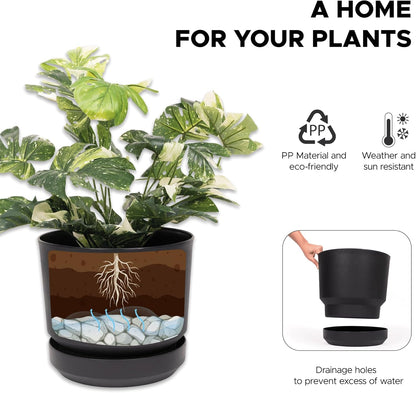 Elly Décor 10 inch Plastic Cylinder Planter Pot with Self-Watering Saucer and Drainage Hole,Lightweight & Extremely Durable, 10"x 10", Black