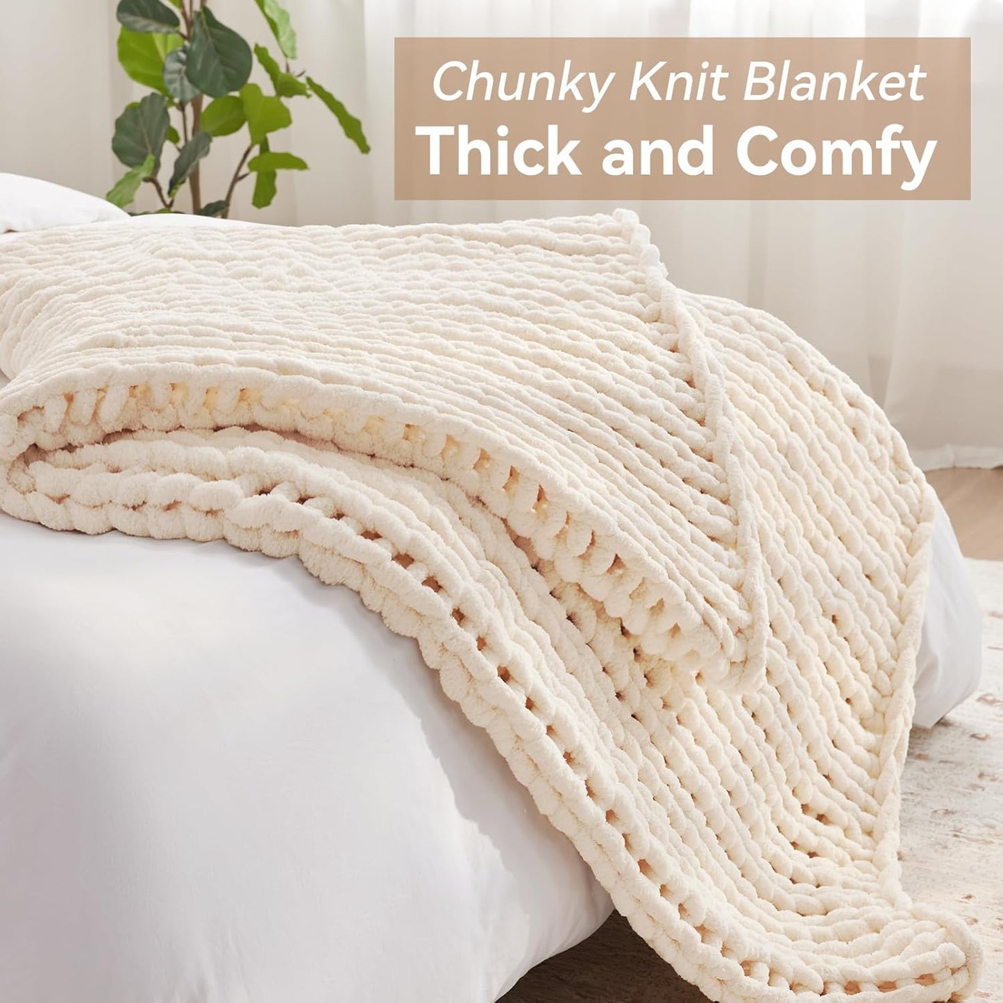 Chunky Knit Throw Blanket, 60''*80'' Knitted Throw Chenille Yarn for Bed Couch, Handmade Cream Crochet Big Thick Blanket, Machine Washable Cute Comfy Blanket for Home Decor