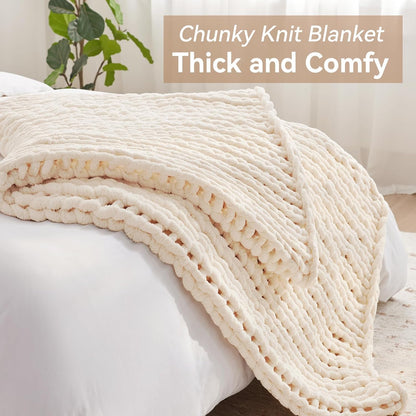 Chunky Knit Throw Blanket, 60''*80'' Knitted Throw Chenille Yarn for Bed Couch, Handmade Cream Crochet Big Thick Blanket, Machine Washable Cute Comfy Blanket for Home Decor