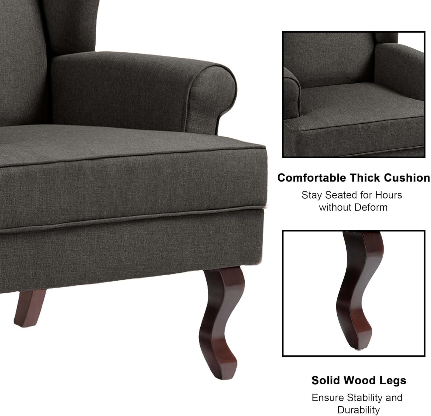 Accent Chair, High Back Upholstered Armchair with High Resilience Sponge & Wood Legs, Mid-Century Modern Comfy Single Sofa Reading Chairs for Living Room, Bedroom (Dark Grey, Set of 2)