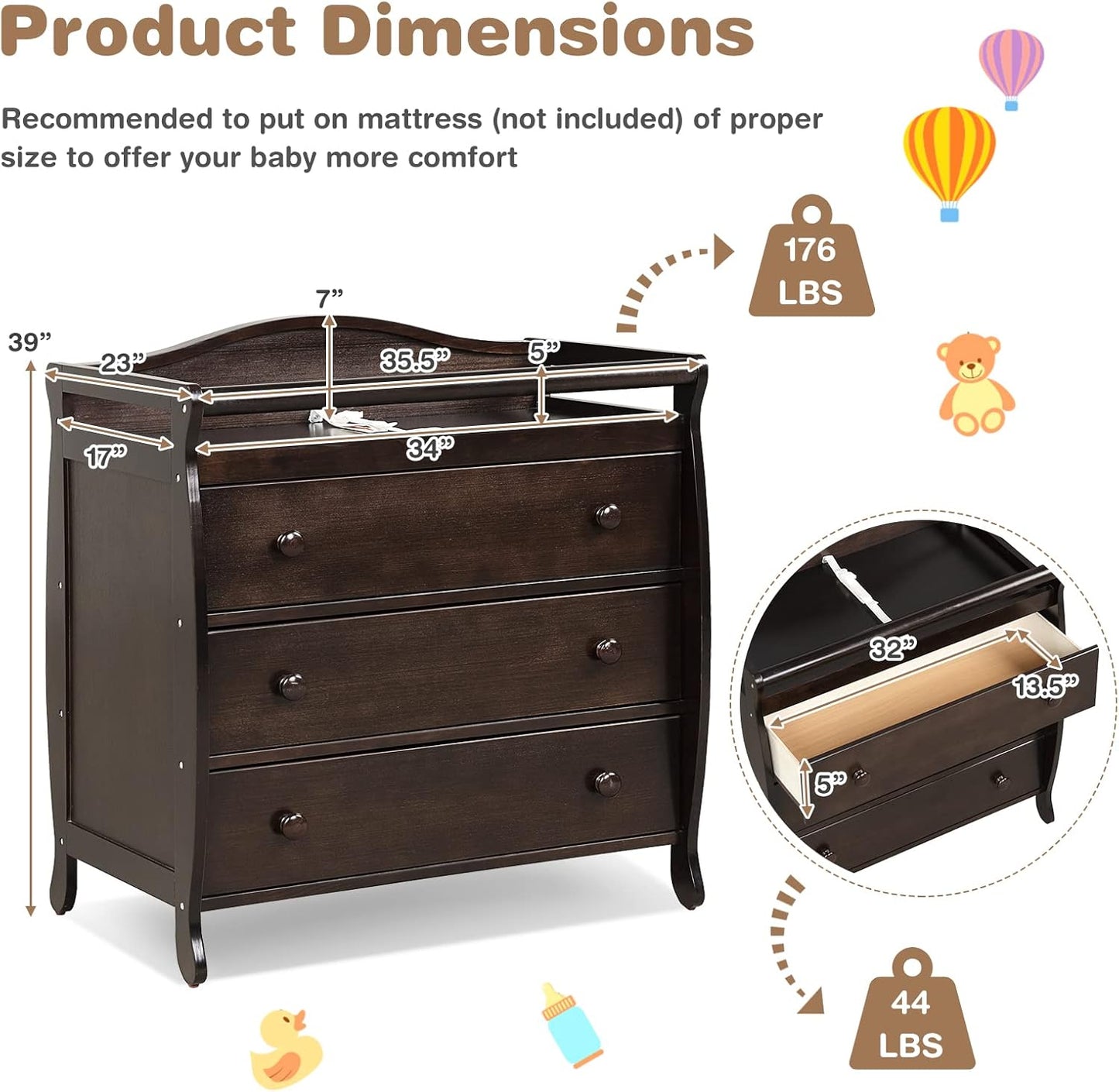 Costzon 3-Drawer Changing Table, Infant Diaper Changing Station with Drawers, Safety Rails & Strap, Baby Changing Table Dresser for Nursery, Easy Assembly (Brown)
