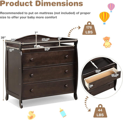 Costzon 3-Drawer Changing Table, Infant Diaper Changing Station with Drawers, Safety Rails & Strap, Baby Changing Table Dresser for Nursery, Easy Assembly (Brown)