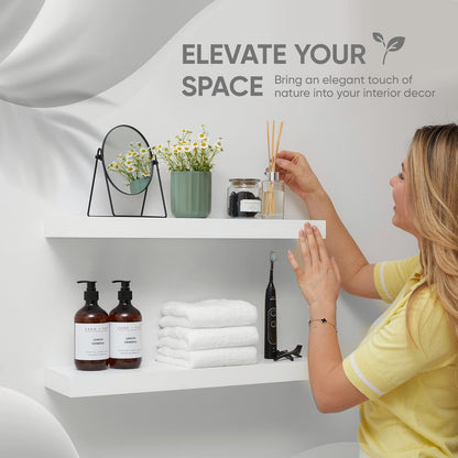 Homeforia White Floating Shelves 24 inch, High End Solid Real Wood 24inch Bathroom Floating Shelf for Wall Mounted, White Wooden 24in Floating Shelves, Heavy Duty Bracket, 24 X 6.5 X 1.75 in, Set of 3