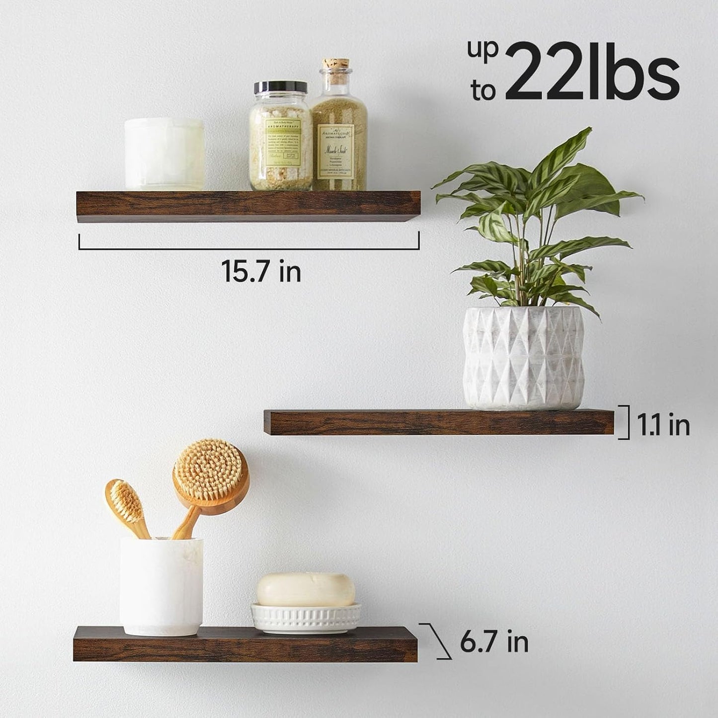 BAYKA Bathroom Floating Shelves for Wall – Bathroom Shelf Over Toilet Farmhouse Rustic Wood for Bedroom, Kitchen, or Living Room Decor – Rustic Brown, Set of 3, Sturdy Storage with 22lb Capacity