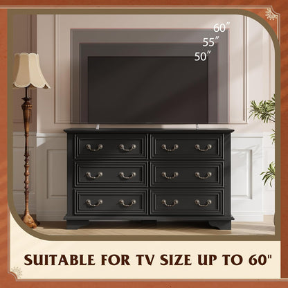 WLIVE Farmhouse Dresser for Bedroom, 51.97'' Wide Wood 6 Drawer Dresser, Chest of Drawers with Roman Metal Handle, TV Stand for 60 inch TV, for Living Room, Hallway, Black
